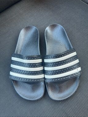 Adidas Black Slide Sandals with White Stripes